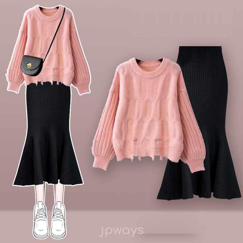 ピンクセーター＋ブラックスカート/セット