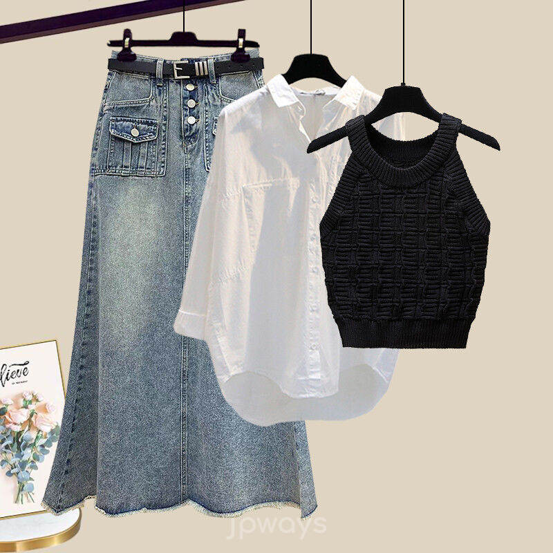 ブラック/タンクトップ+ホワイト/シャツ+ライトブルー/スカート