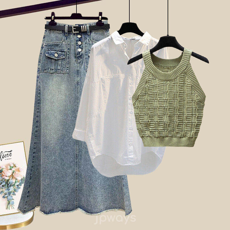 グリーン/タンクトップ+ホワイト/シャツ+ライトブルー/スカート