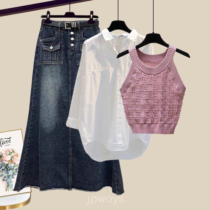 ピンク/タンクトップ+ホワイト/シャツ+ダークブルー/スカート